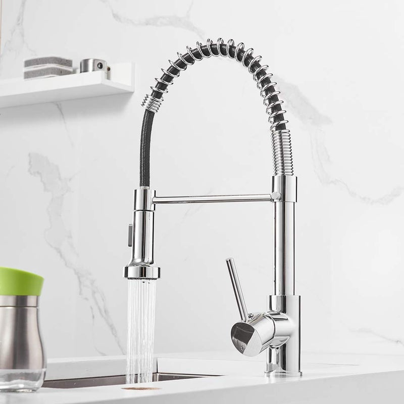 OWOFAN Spring Kitchen Sink Faucet Commercial Single Handle Single Lever Kitchen Faucet with Pull Down Sprayer, Polished Chrome Kitchen Faucets - Image 1